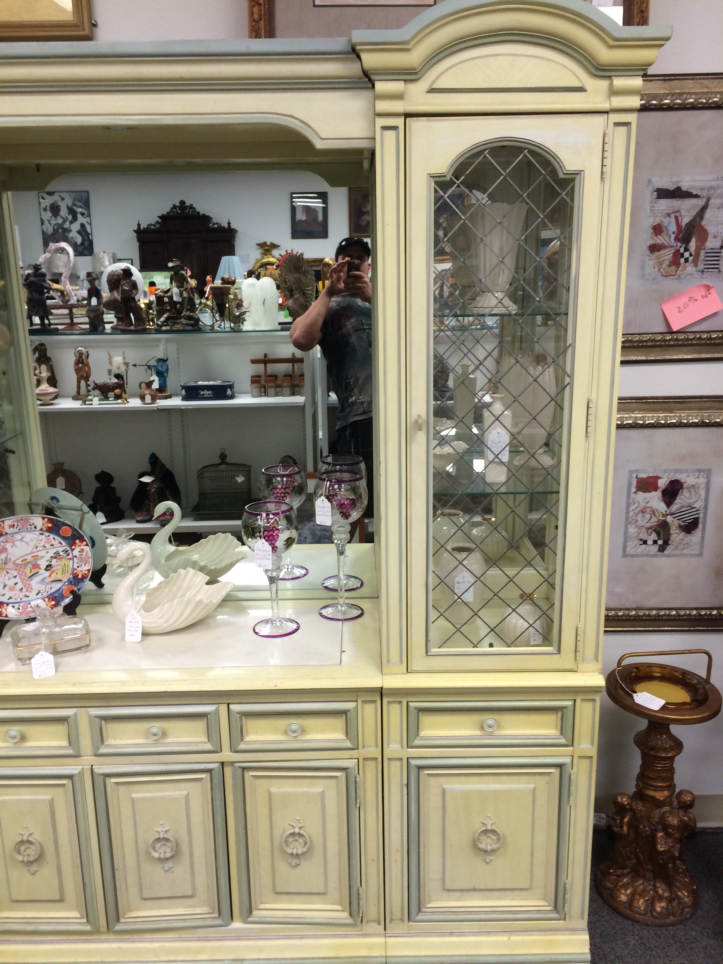 1960s Stanley Furniture Marble Top Buffet China Cabinet